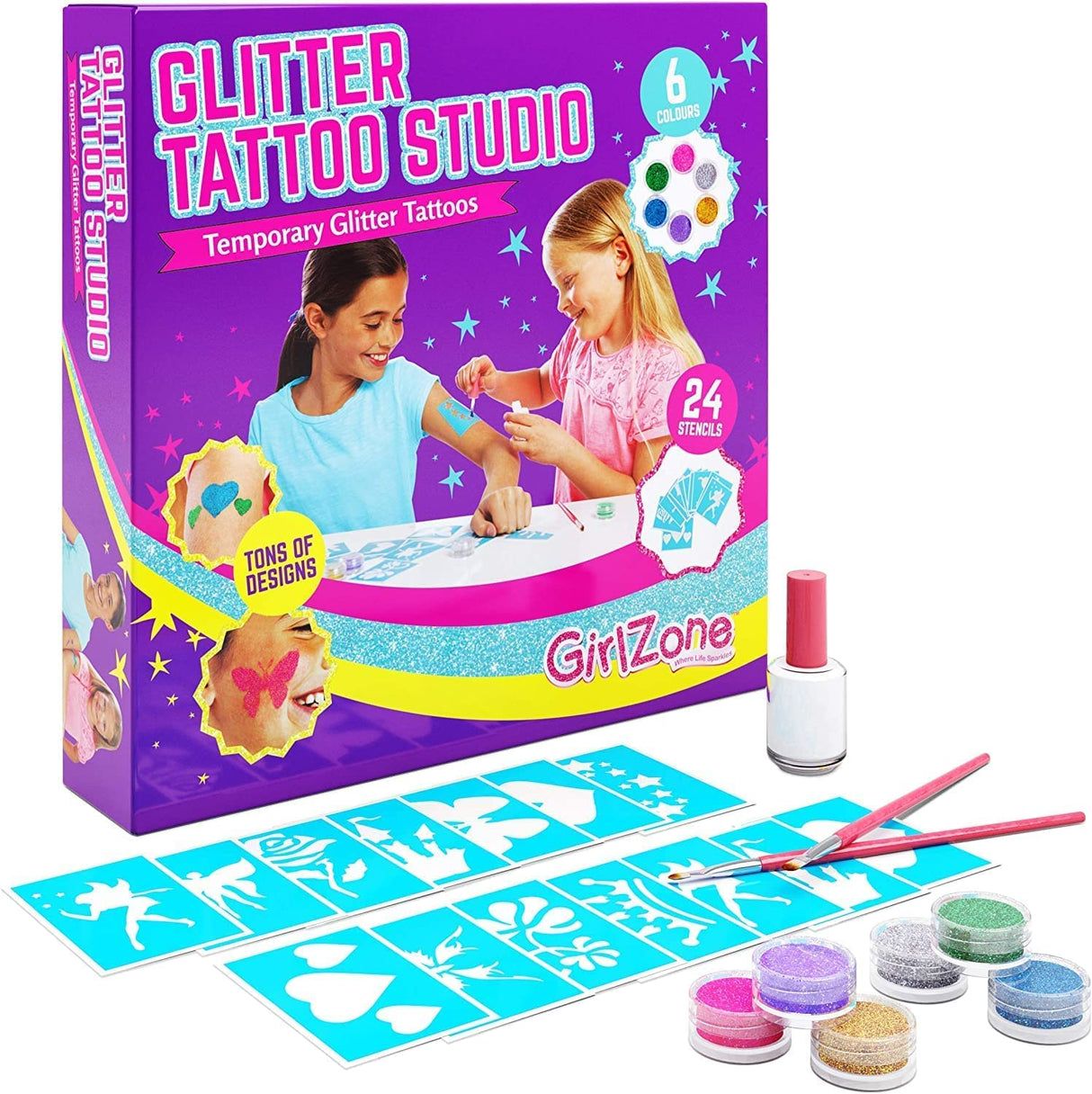 GirlZone Temporary Glitter Tattoos Kit for Girls, 33 Fun Pieces in 1 Sparkly Glitter Tattoos for Kids Kit, Easy to Apply and Remove Glitter Tattoo GirlZone