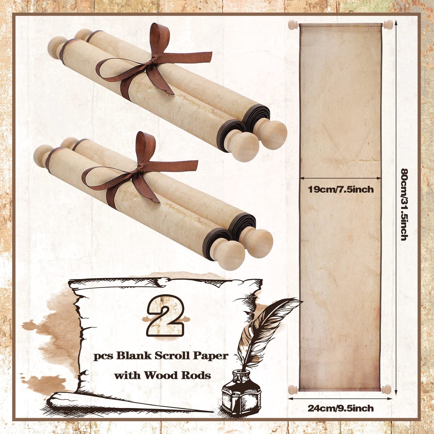2 Pack Blank Paper Scrolls 7.5 x 31 Inches Scroll Paper Wrapped on Wood Rod for Writing, Drawing, Calligraphy, Wedding Vows, Invitation, Renaissance Epakh