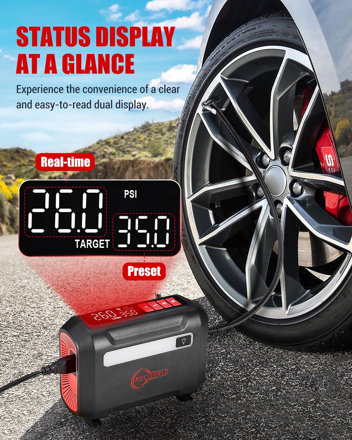 ROCGORLD R8 Tire Inflator Portable Air Compressor, DC 12V Air Compressor Portable with Large Dual Digital Screen, 3X Faster Inflation Air Pump for ROCGORLD
