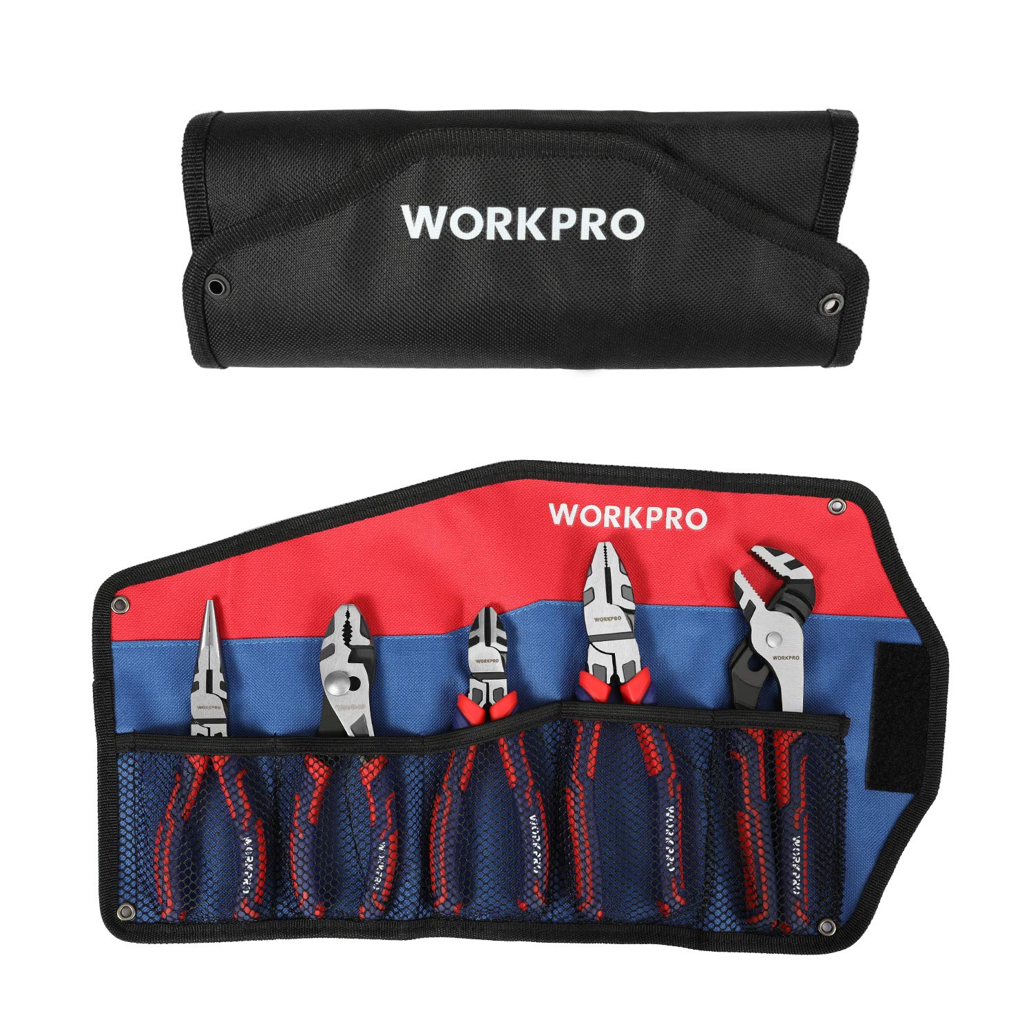WORKPRO Pliers Set, Premium Cr-V Construction, Includes 6 Inch Slip Joint Pliers, 6 Inch Long Nose, 6 Inch Diagonal Cutting, 8 Inch Groove Joint, 7 WORKPRO