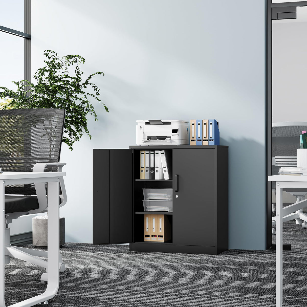 Fesbos Metal Storage Cabinet-36” Tall Steel File Cabinets with Lockable Doors and Adjustable Shelves-Black Steel Storage Cabinet for Home, School, Fesbos