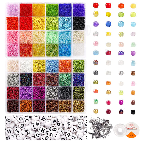 UOONY 35000pcs 2mm Glass Seed Beads for Jewelry Making Kit, 250pcs Alphabet Letter Beads, Tiny Beads Set for Bracelets Making, DIY, Art and Craft UOONY