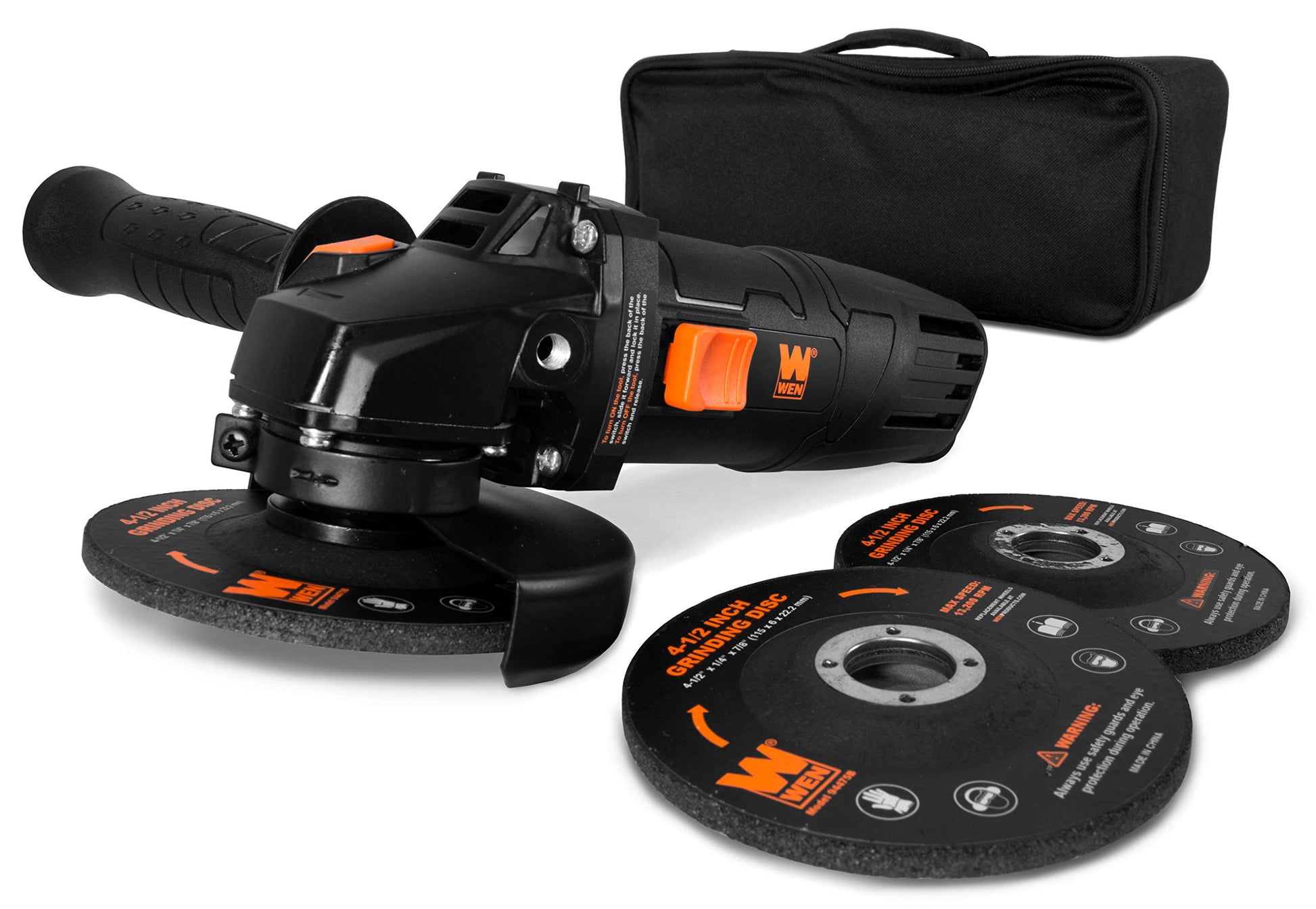 WEN 94475 7.5-Amp 4-1/2-Inch Angle Grinder with Reversible Handle, Three Grinding Discs, and Carrying Case, Black,orange - WoodArtSupply