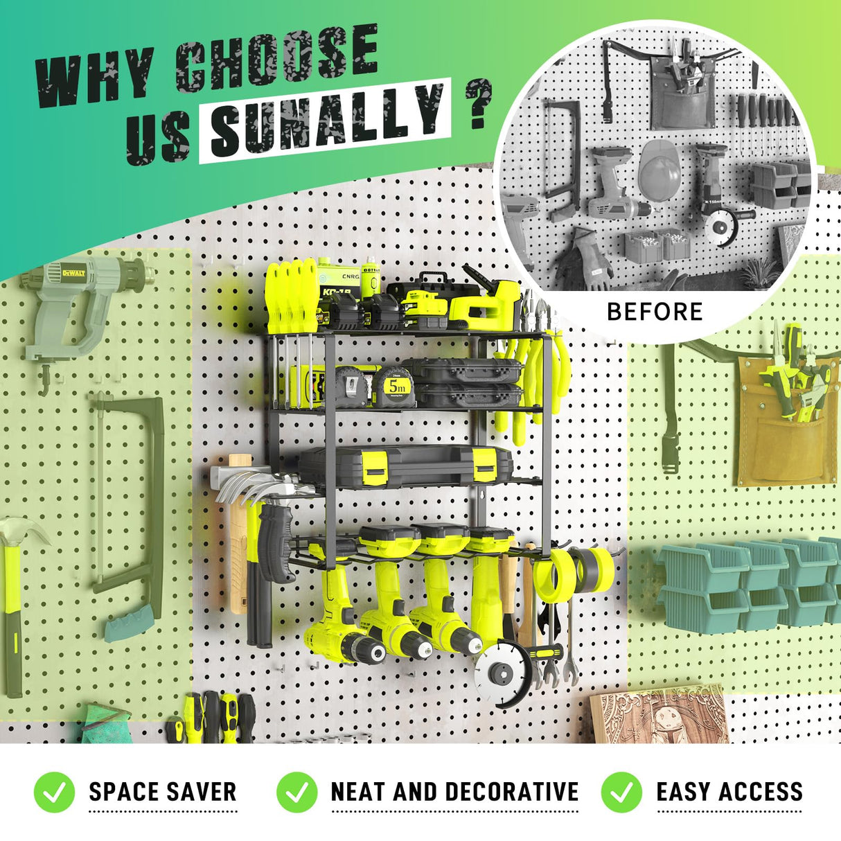 SUNALLY Power Tool Organizer, 4 Drill Holder Wall Mount, Garage Tool Organizer and Storage with Screwdriver Holder, Garage Organization, 4 Layer SUNALLY