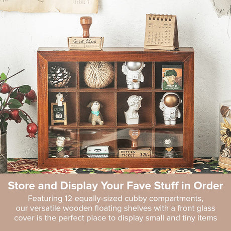 Mini Clear Display Wood Cabinet with 12 Slots - Collectibles Display Case - Wooden Floating Shelves for Display & Home Decor - Vintage Style Wood Woodaholic