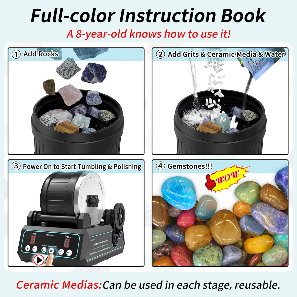 KomeStone K1 Pro Professional Cutting-Edge Brushless Motor Advanced Rock Tumbler Polisher Kit, Extra Large 2.5Lb Barrel with 3-Speed Motor 9-Day KomeStone