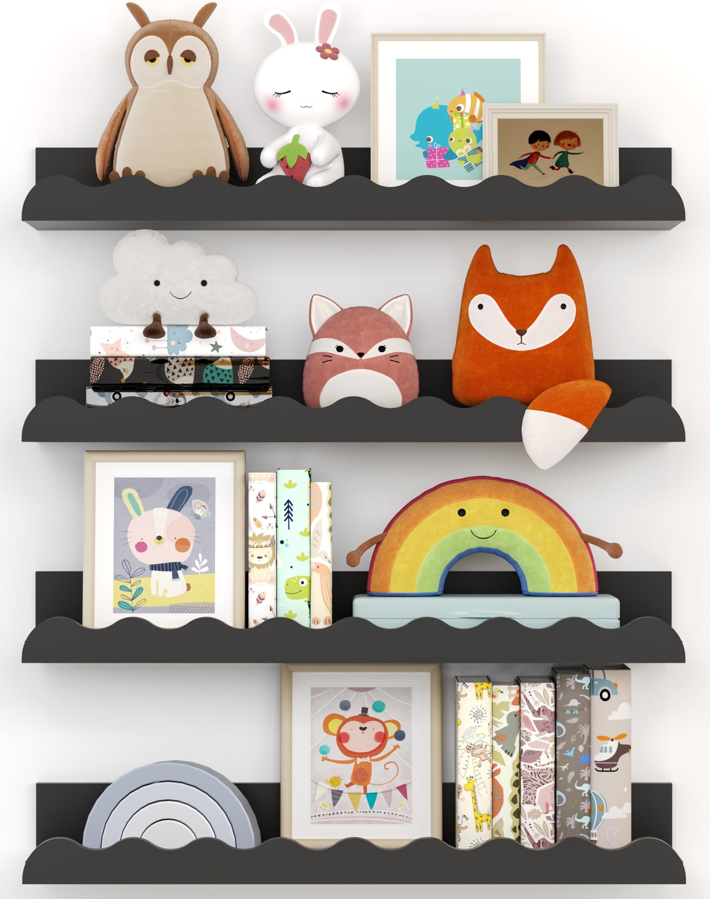 Seocry Set of 4 Kids' Wood Floating Bookshelves for Nursery - Stylish Storage and Display Ledge - WoodArtSupply