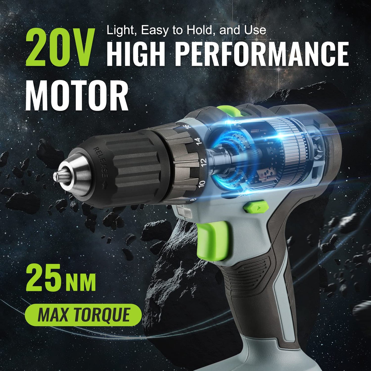 WORKPRO 20V Cordless Drill Driver Kit, 3/8'' Keyless Chuck, 2.0 Ah Li-ion Battery, 1 Hour Fast Charger and 11-inch Green Storage Bag Included WORKPRO