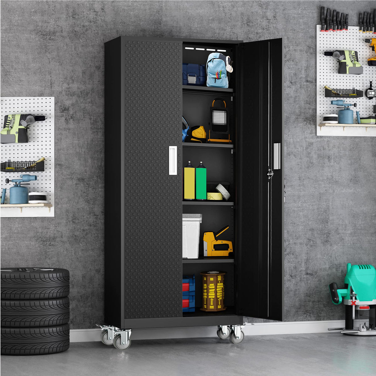 Metal Storage Cabinets Locker for Home Office, 72" Garage Storage Cabinet with Wheels, Lockable Door & Adjustable Shelves, Tall Large Steel Cabinet kingwolfox