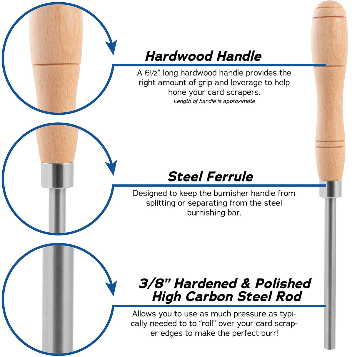 Fulton Scraper Burnisher with 6 Piece Multi-Shaped Scraper Set 3 Rectangle 1 Beveled 1 Curved (Convex and Concave) and 1 Gooseneck Scraper Fulton