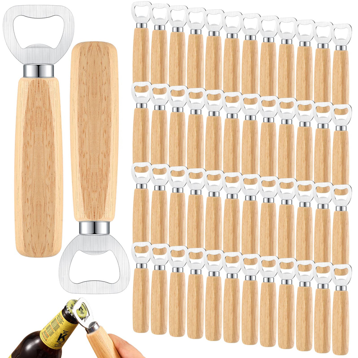 50 Pcs Wood Wine Bottle Opener Stainless Steel Bottle Opener Wood Handheld Heavy Duty Bartender Bottle Openers Cider Bottle Opener Engraved Gift Set Lounsweer