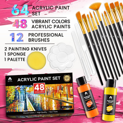 49 Pieces Watercolor Painting Supplies Set & 64 PCS Acylic Paint Set with 12 Brushes, 2 Knives and Palette - WoodArtSupply