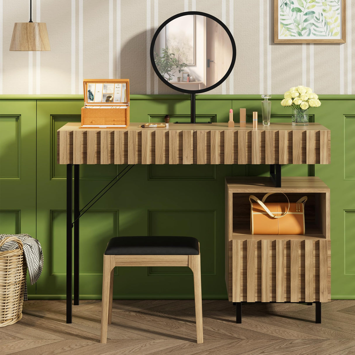 UEV Wood Vanity Desk with Mirror,Makeup Vanity Set with Drawer Chest,Vanity Dressing Table Makeup Desk Set with Storage Space for Bedroom(Wood) UEV