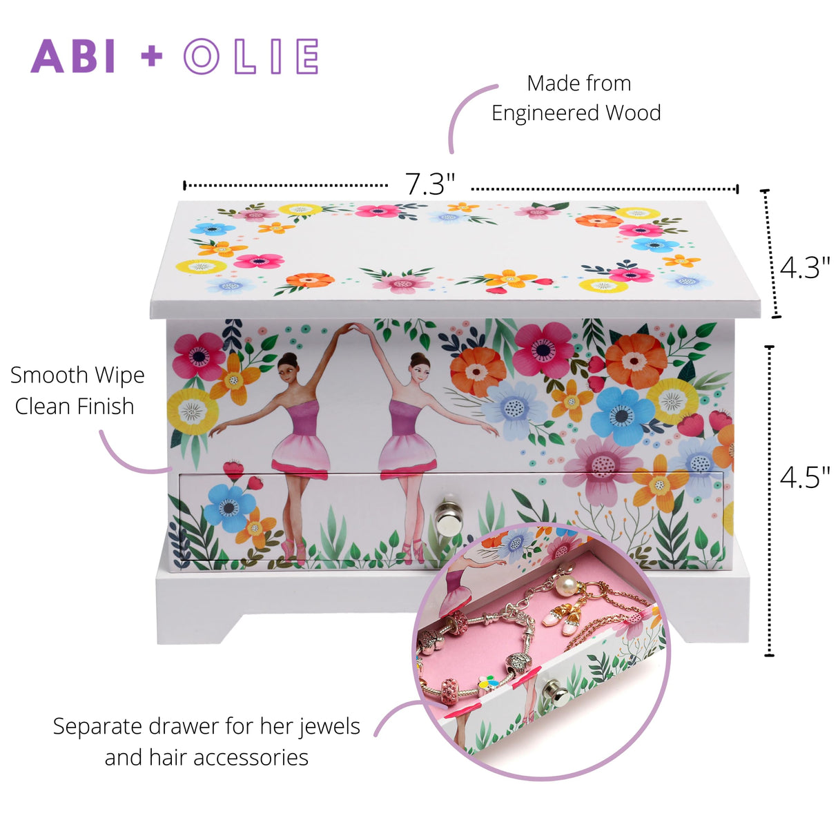 ABI + OLIE Ballerina Kids Jewelry Box for Girls - Little Girls Jewelry Box - Musical Jewelry Box for Girls 4-12 - Music Boxes for Girls - Perfect ABI + OLIE
