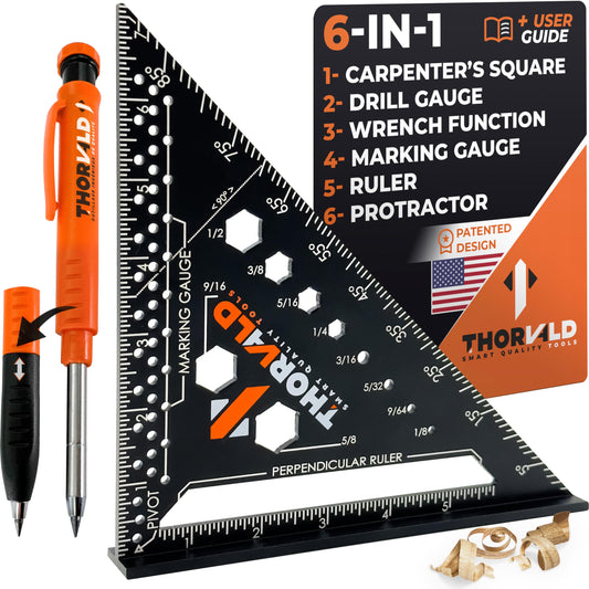 THORVALD 6-in-1 Carpenter Square - 180mm T Square Multi-Purpose Carpenter Tools with Wrench, Square, Protractor, Ruler, Graduated Marking Gauge, - WoodArtSupply