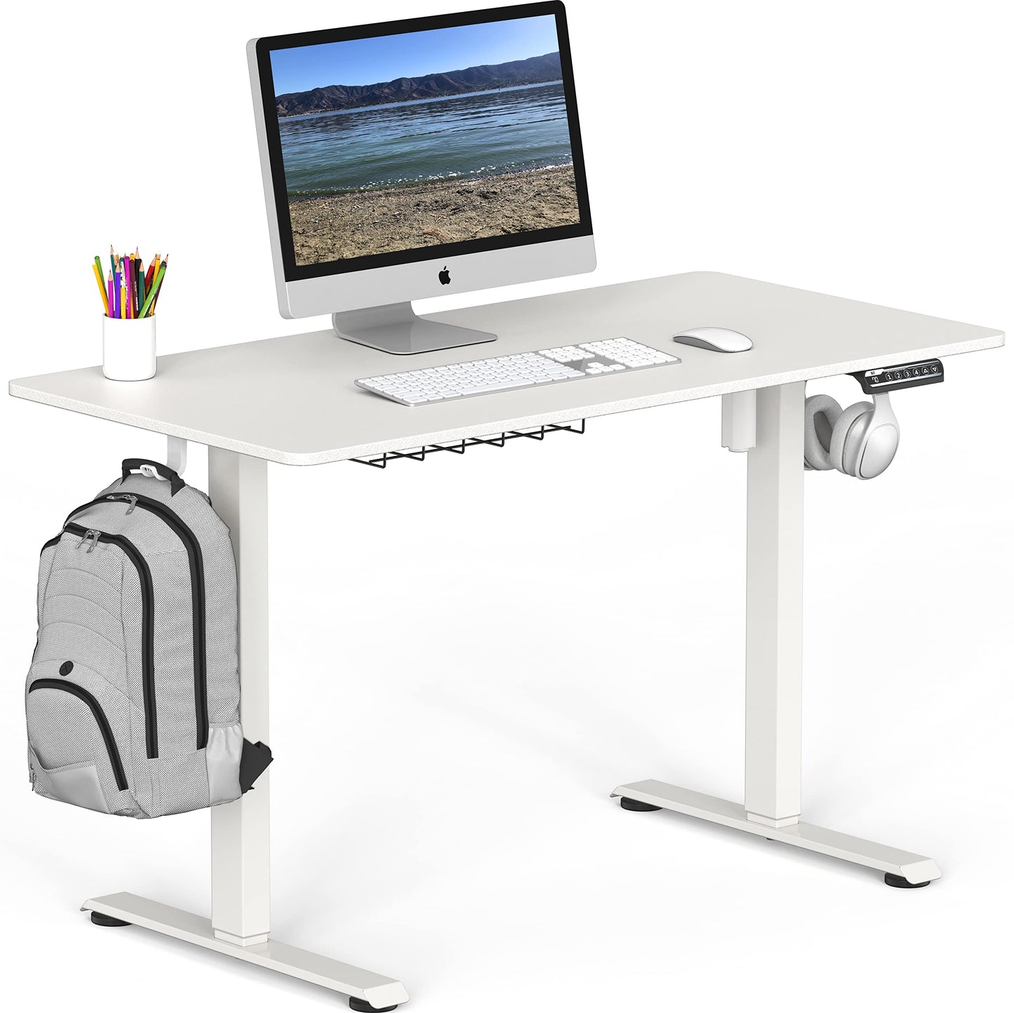 SHW Electric Height Adjustable Sit Stand Desk with Hanging Hooks and Cable Management, 48 x 24 Inches, White Frame and White Top - WoodArtSupply