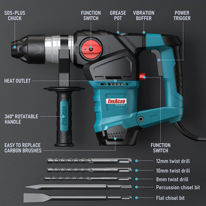 ENEACRO 1-1/4 Inch SDS-Plus 12.5 Amp Heavy Duty Rotary Hammer Drill, Safety Clutch 3 Functions with Vibration Control Including Grease, Chisels and - WoodArtSupply