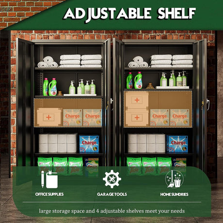 Greenvelly Metal Garage Storage Cabinet, 72” Lockable Storage Cabinet with Adjustable Shelves, Steel Tool Cabinets, Black Metal File Cabinet for Home Greenvelly
