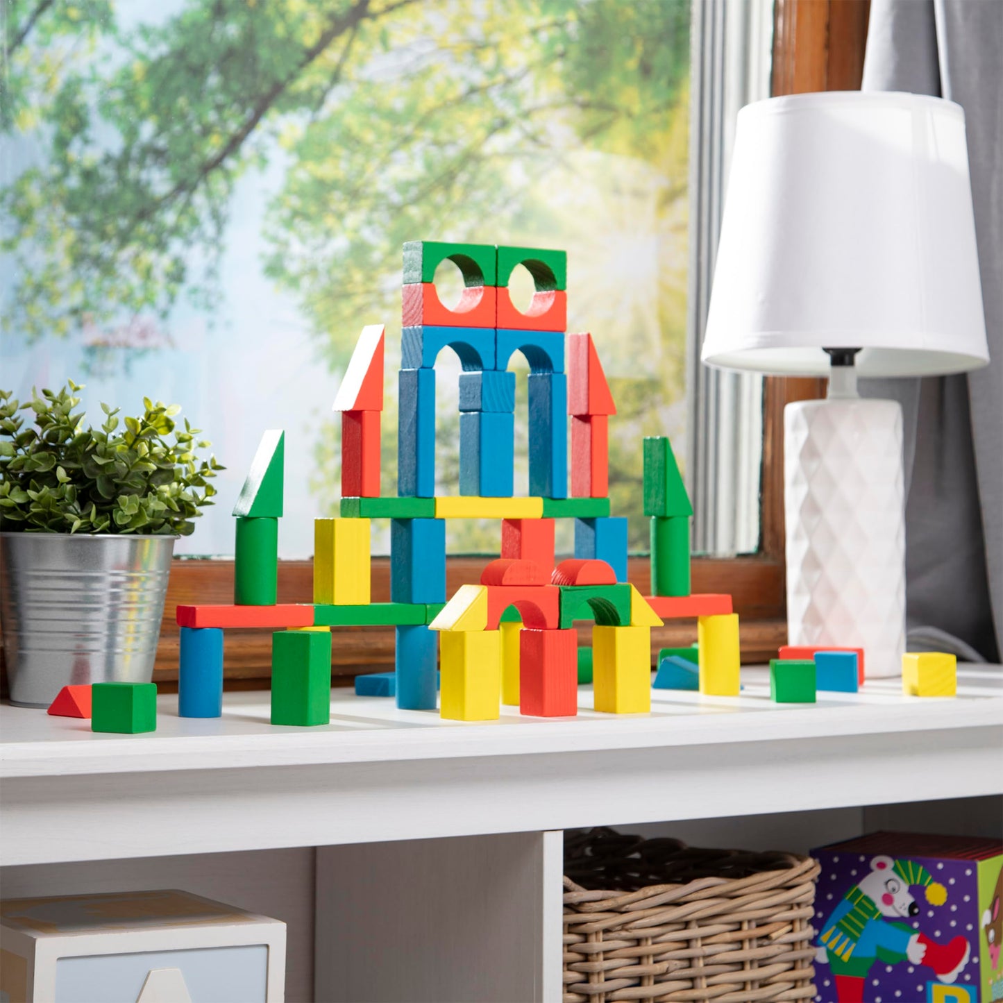 Melissa & Doug Wooden Building Set - 100 Blocks in 4 Colors and 9 Shapes - WoodArtSupply