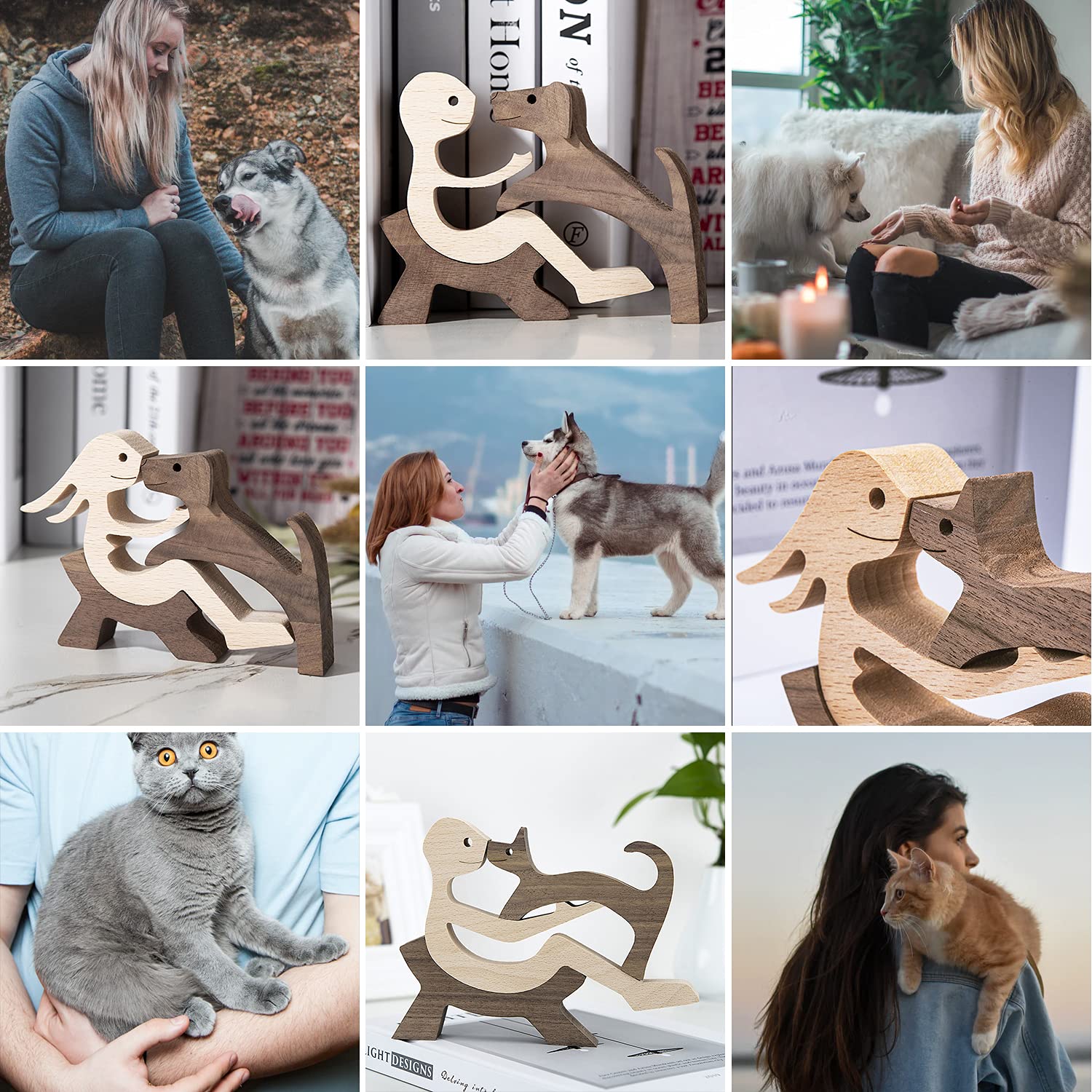 BOBO BIRD Wooden Dog Cat Family Statue, Handmade Wood Decoration, Cute Puppy, Kitty and People Statue Sculpture Ornament Collectible Figurine Craft - WoodArtSupply