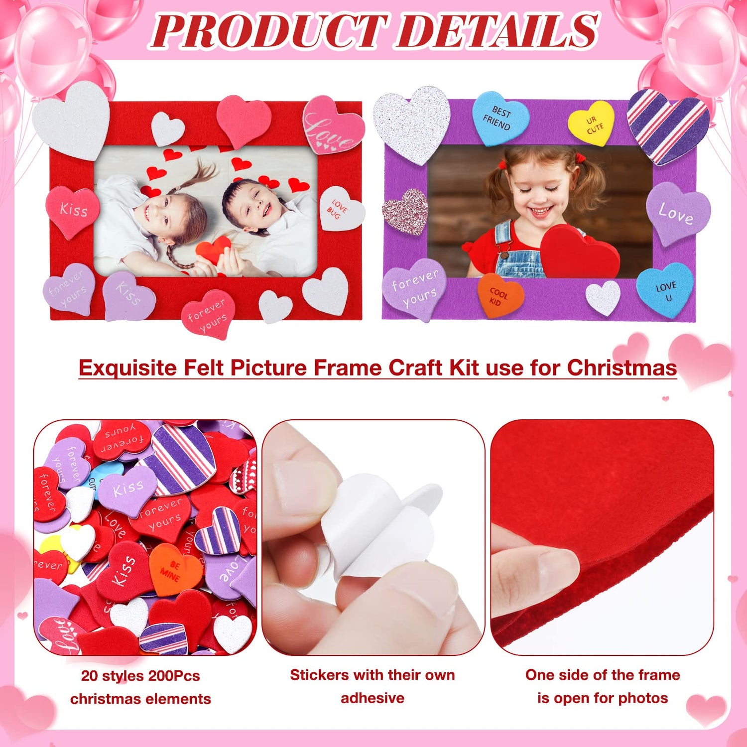 Ferraycle 232 Pieces Valentines DIY Picture Frames Craft Kit for Kids 32 Pieces Valentine Photo Frames with 200 Pieces Heart Shaped Foam Stickers for Ferraycle