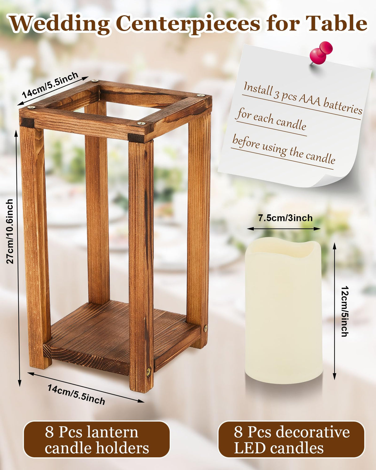 Huquary 16 Pcs Wooden Candle Lantern Set Includes 8 Rustic Wedding Centerpieces for Table Farmhouse Wooden Candle Holder and 8 Flameless Decorative Huquary