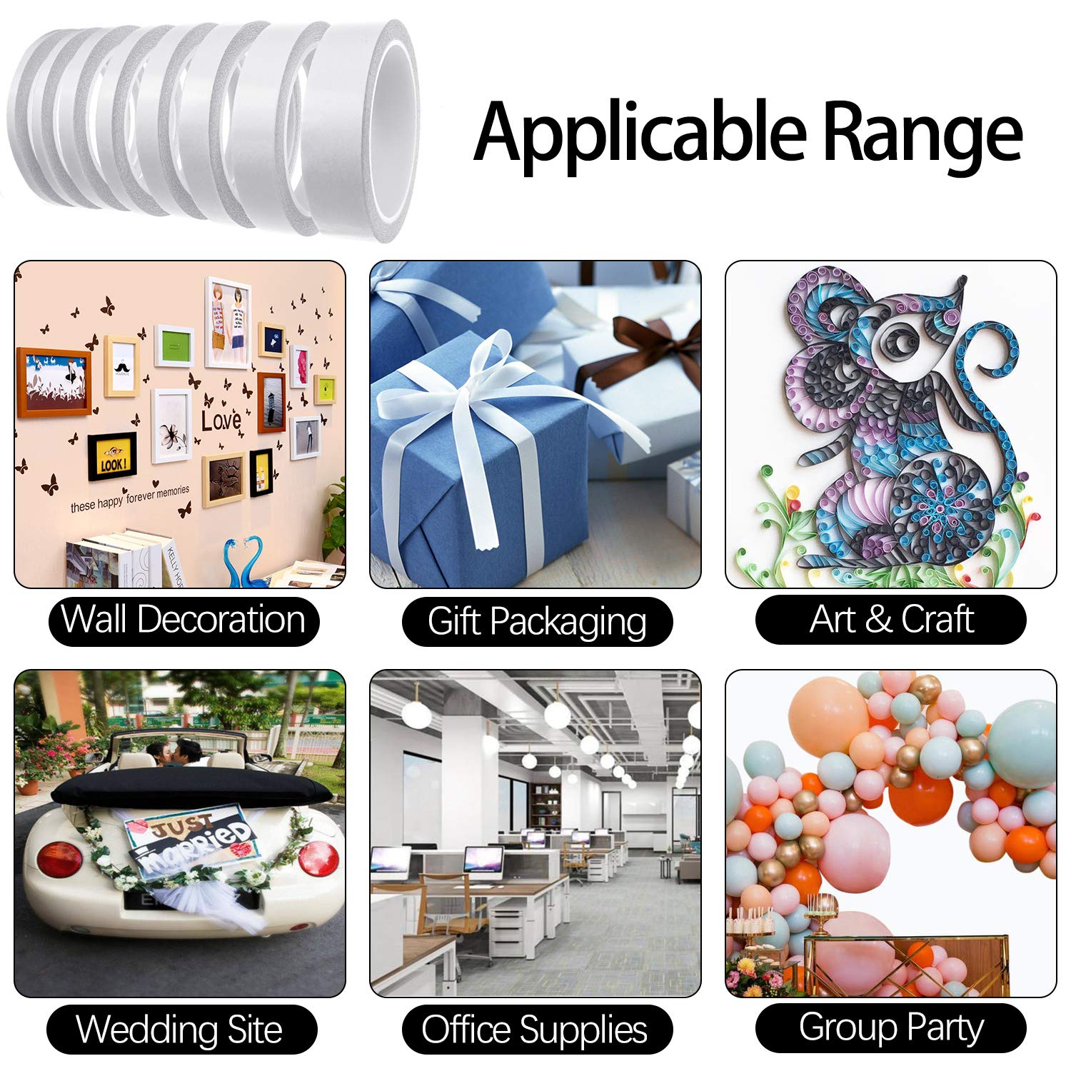 Lazydrop Double-Sided Tape for Arts, Crafts, Photography, Scrapbooking, Tear-by-Hand, Paper Backing (6 Rolls) (Width: 6mm/ 9mm/ 12mm/ 15mm) Lazydrop