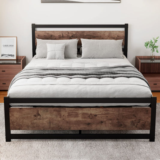 ZIORS King Size Bed Frame with Wooden Headboard, Heavy Duty Metal Platform Bed Frame, No Box Spring Needed, Mattress Foundation Platform,