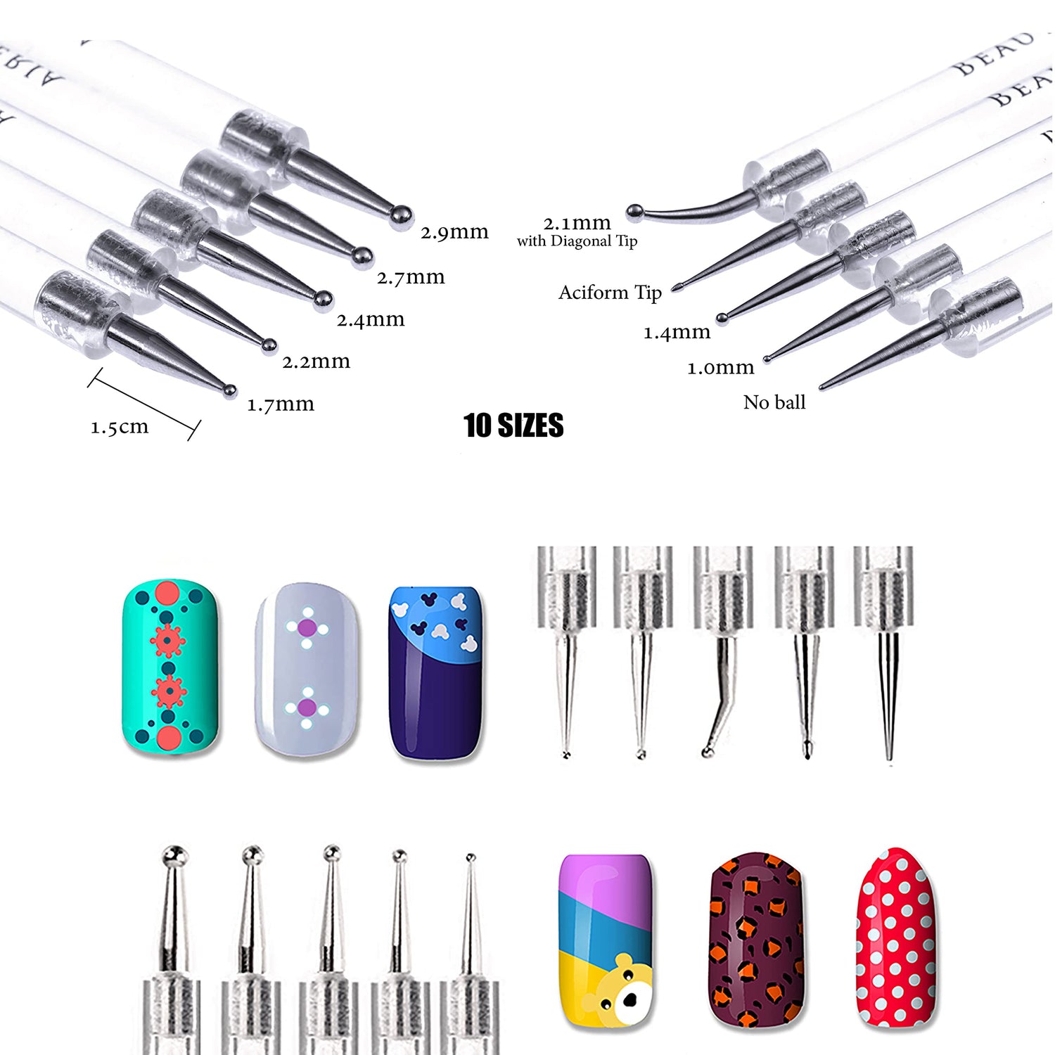 Beaute Galleria Bundle 50 Pieces Nail Art Tool Kit with Pouch - 5 Pieces Dotting Tool Marbleizing Pen (10 Sizes), 15 Pieces Acrylic Gel Detailing BEAUTÉ GALLERIA