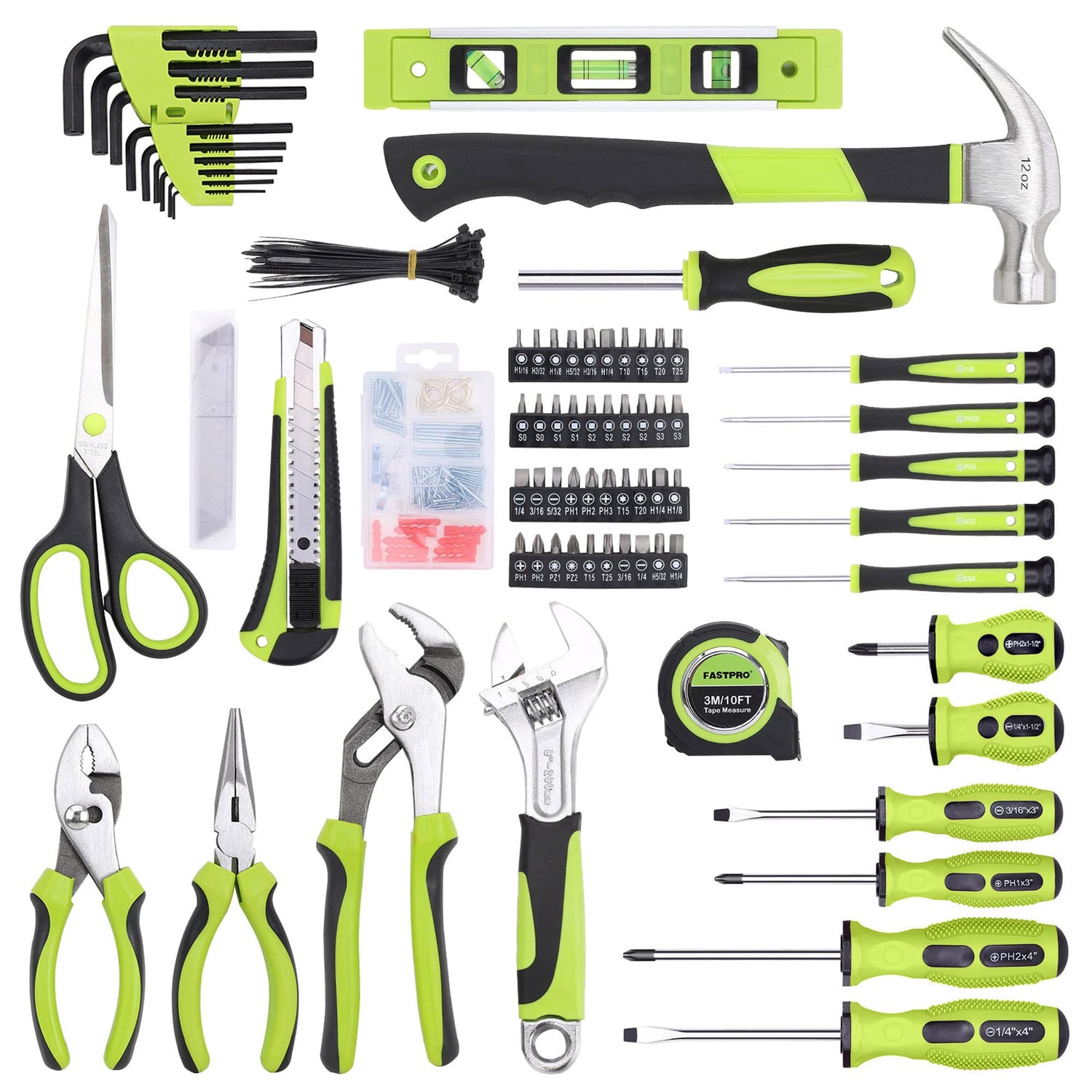 FASTPRO 220-Piece Home Tool Set, Household Repairing Tool Kit, with 12-Inch Wide Mouth Open Storage Tool Bag, Green FASTPRO