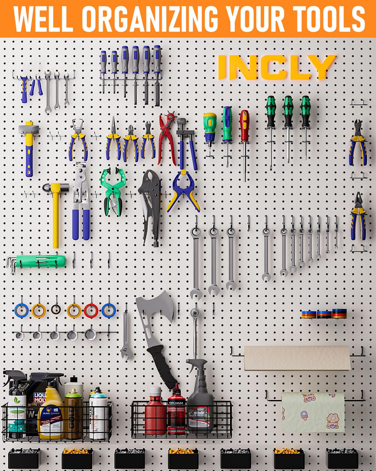 INCLY 238PCS Pegboard Accessories Organizer Kit, Peg Board Hooks Assortment with Peg Bins, Baskets, Paper Towel Holder for 1/8 and 1/4 inch Pegboard INCLY
