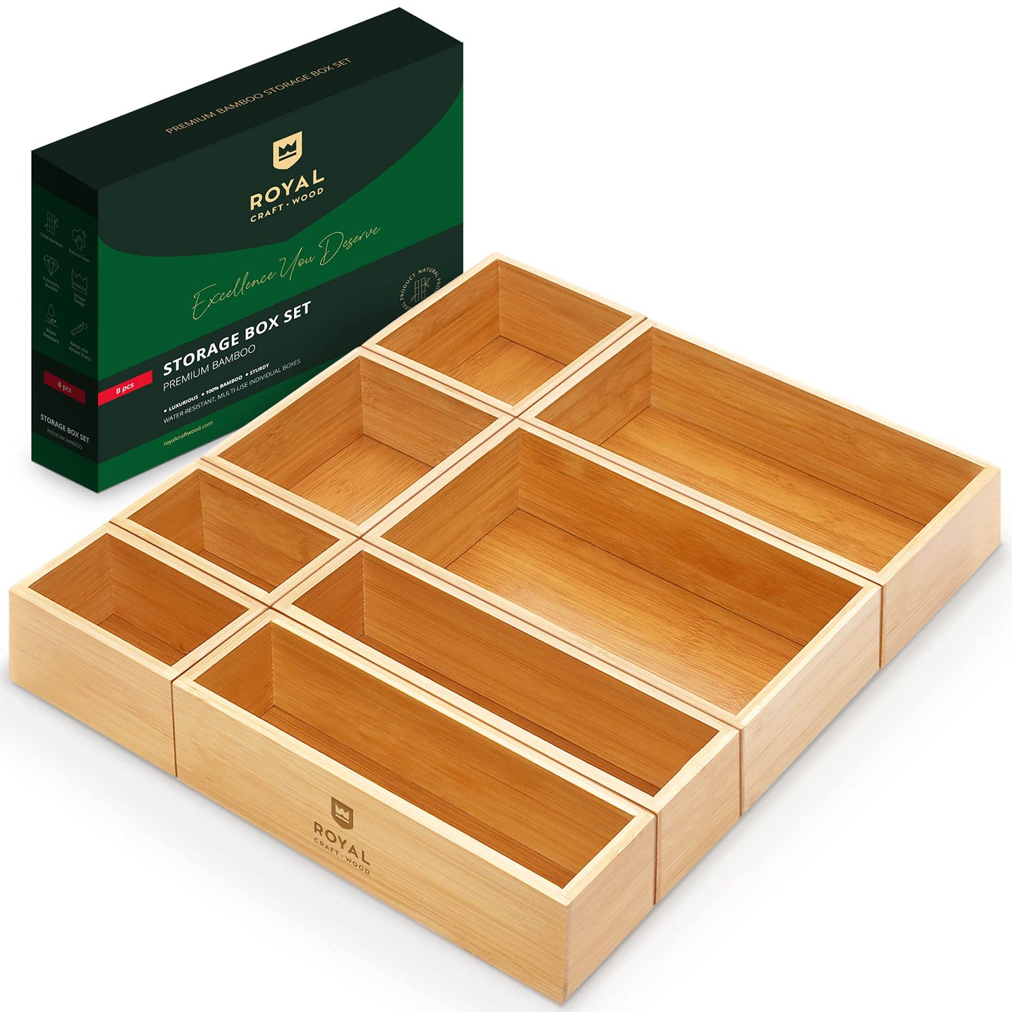 ROYAL CRAFT WOOD Luxury Bamboo Storage Box, Bin Set - Multi-Use Drawer Organizer for Kitchen, Bathroom, Office Desk, Makeup, Jewelry (8 Boxes) - WoodArtSupply