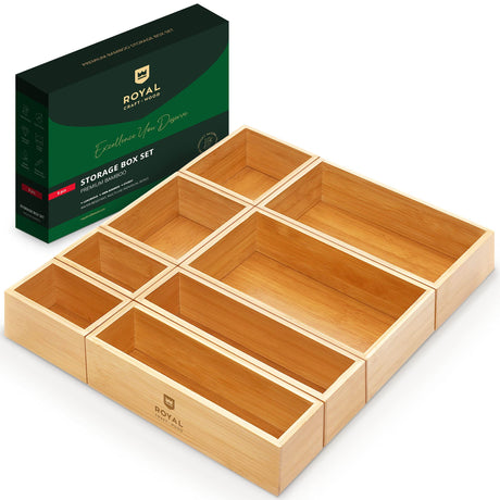 ROYAL CRAFT WOOD Luxury Bamboo Storage Box, Bin Set - Multi-Use Drawer Organizer for Kitchen, Bathroom, Office Desk, Makeup, Jewelry (8 Boxes) ROYAL CRAFT WOOD