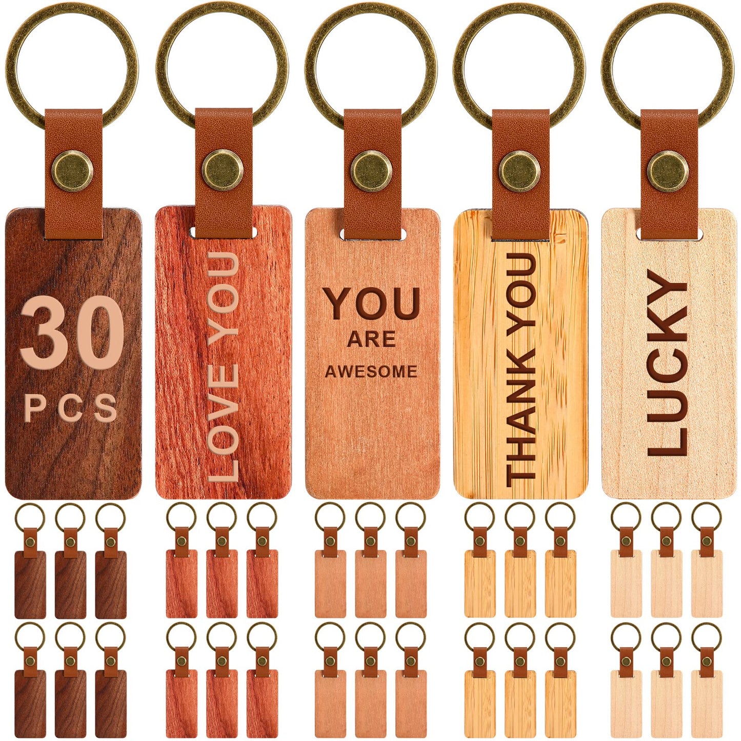 Batiyeer 30 Pcs Wooden Keychain Blanks Leather Wood Keychain Blank Wooden Keychain Wood Tags Unfinished Blanks Wood Keychain with Leather Strap