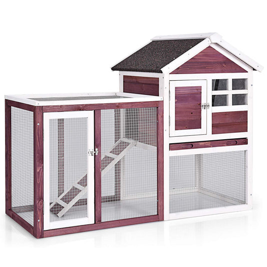 Tangkula Rabbit Hutch, Indoor Outdoor Bunny Cage with Run, Wooden Rabbit Cage with Waterproof Roof & Pull Out Tray, Chicken Coop Pet House for - WoodArtSupply