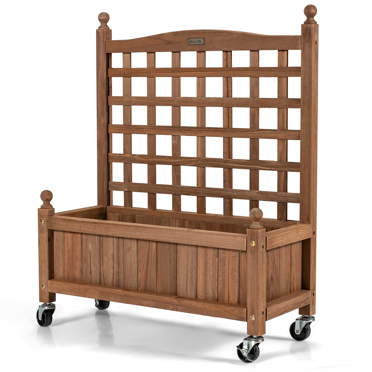 Giantex Mobile Plant Raised Bed, Wood Planter with Lattice Trellis and Wheels, Flower Box for Plant Climbing, Vertical Garden for Balcony Patio Yard Giantex