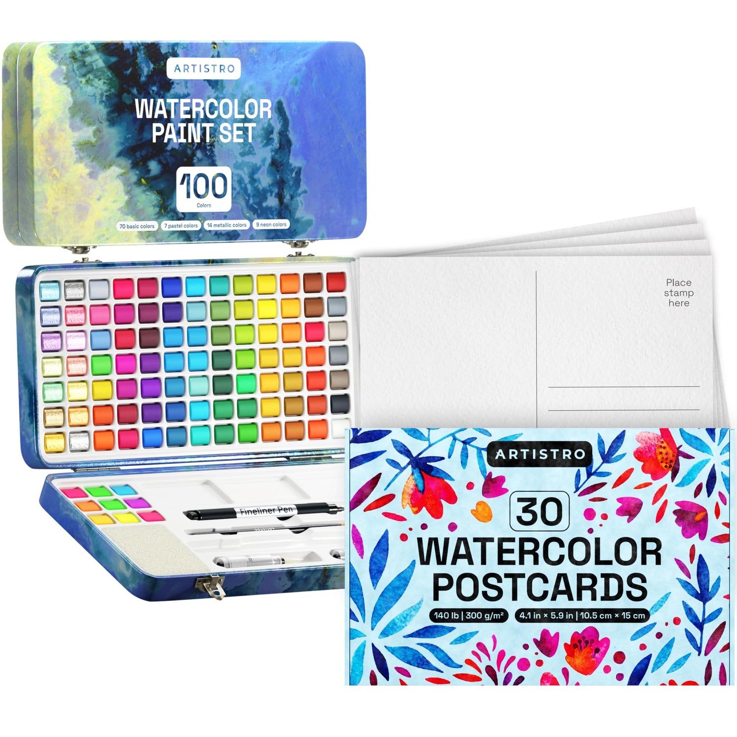 ARTISTRO Watercolor Paint Set, 100 Vivid Colors in Portable Box and 30 Watercolor Postcards 4x6 Inches - Heavyweight Paper Cards 140lb (300gsm) ARTISTRO