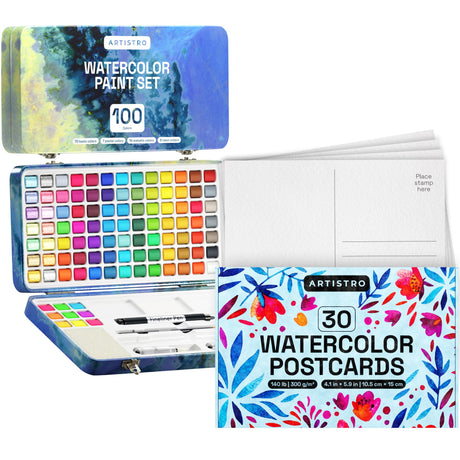 ARTISTRO Watercolor Paint Set, 100 Vivid Colors in Portable Box and 30 Watercolor Postcards 4x6 Inches - Heavyweight Paper Cards 140lb (300gsm) ARTISTRO