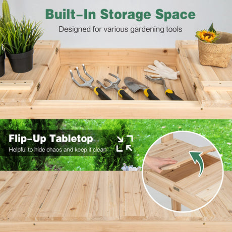 HAPPYGRILL Potting Bench Table, 60.5” Wood Workstation Workbench Table with Flip-Up Tabletop, Shelves & Hanging Hooks, Outdoor Flowerpot Bench, HAPPYGRILL