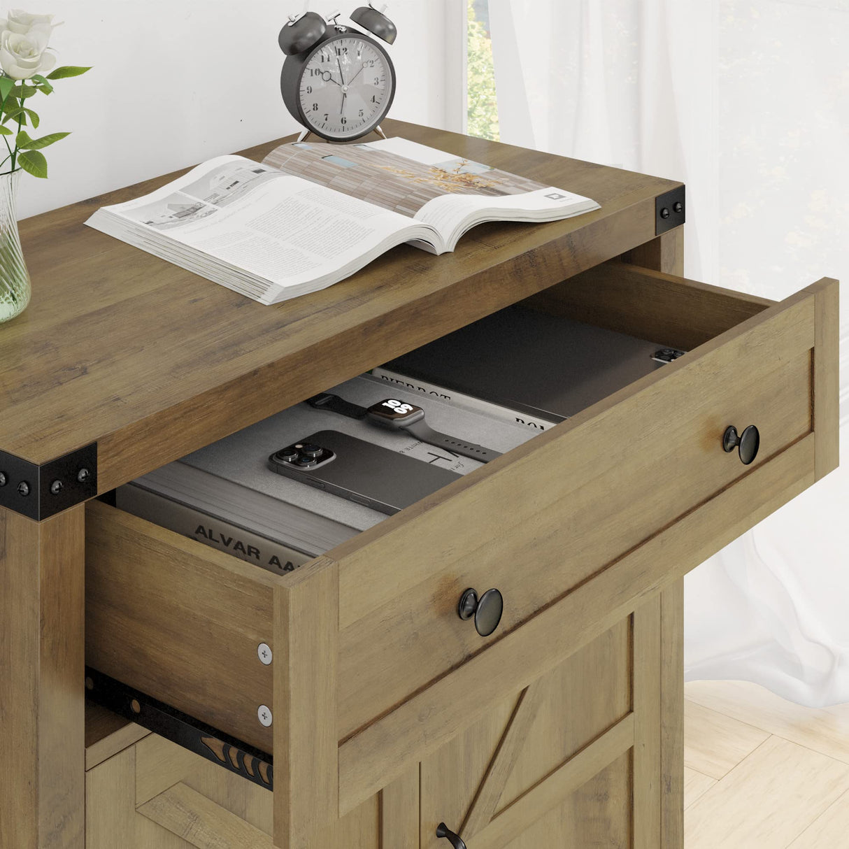 HOSTACK Coffee Bar Cabinet, Modern Farmhouse Buffet Sideboard with Drawer and Adjustable Shelf, Barn Door Storage Cabinet for Kitchen, Dining Room, HOSTACK