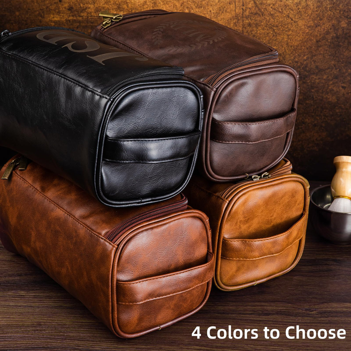 Bleggeit Personalized Leather Toiletry Bag For Men with Hook, Groomsmen Gifts Travel Bag Laser Engraved Name Monogram Leather Gift For Him Husband Bleggeit