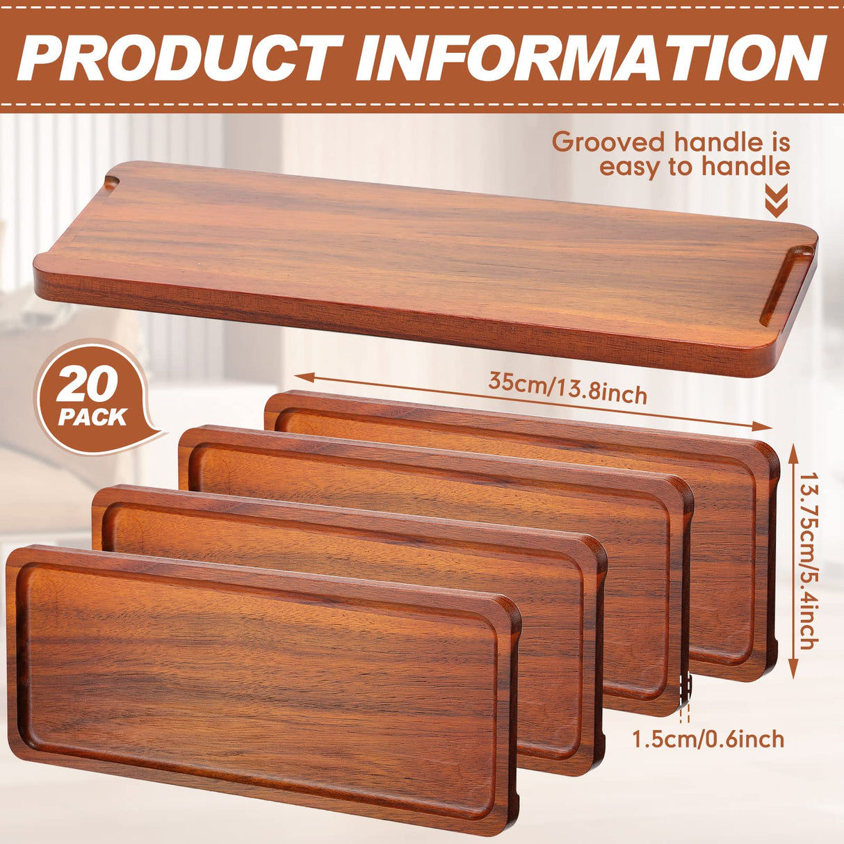 20 Pack Solid Wood Serving Trays Acacia Wooden Server Platter Rectangular Charcuterie Boards with Grooved Handle for Home Room Coffee Cheese Skylety