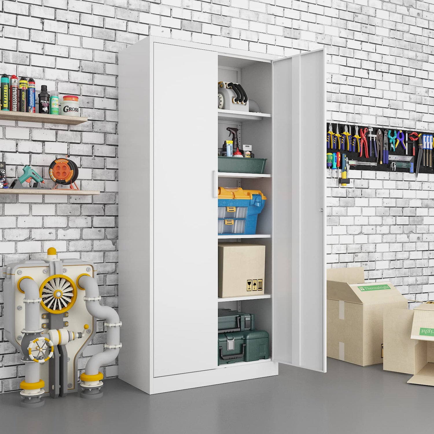 BYNSOE Metal Storage Cabinet with 5 Adjustable Shelves and Lock Metal Garage Cabinets with Locking Door, Steel Classic Storage Cabinet for Home, BYNSOE