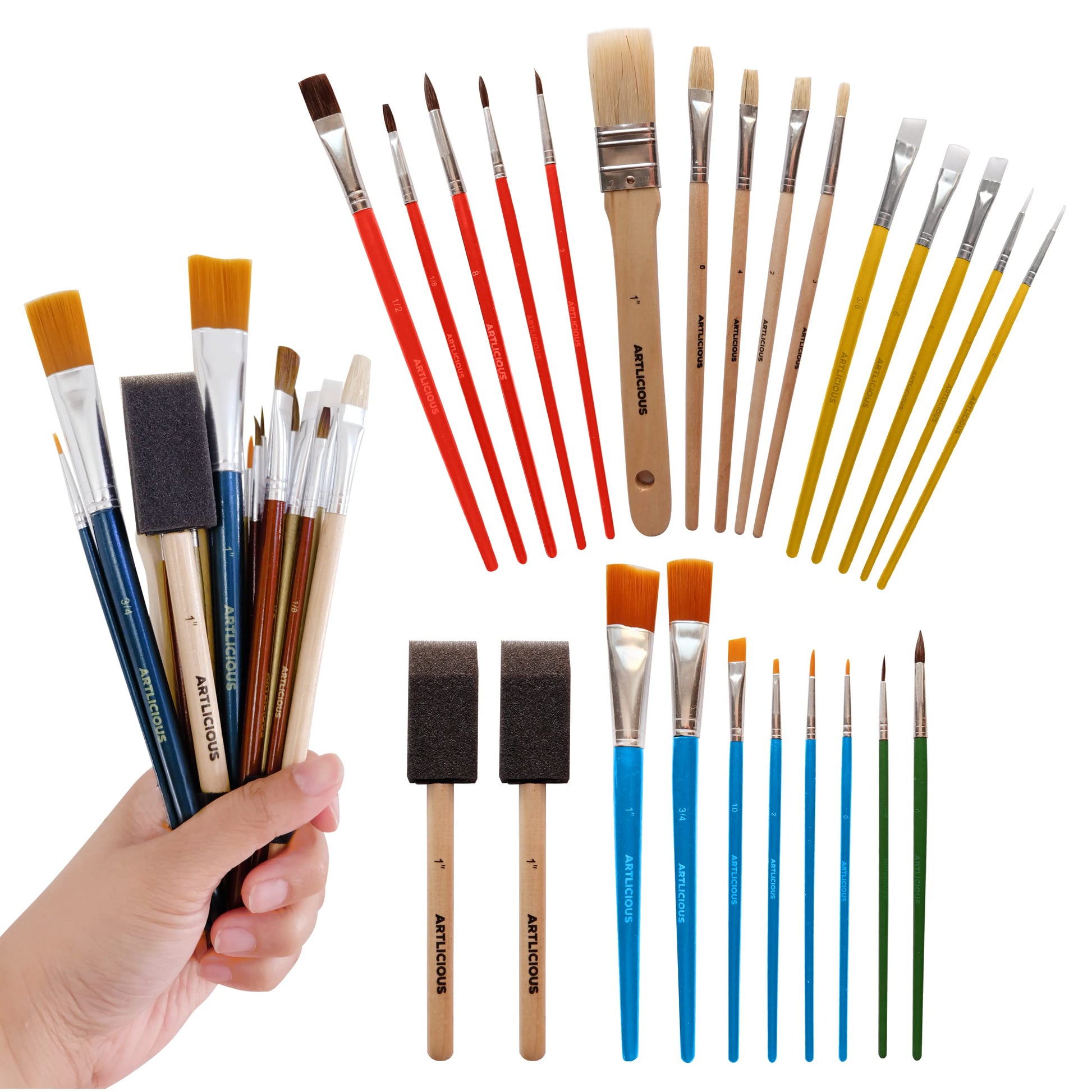 Artlicious Paint Brushes - Acrylic Paint Set and Detail Paint Brushes for Kids - Use with Craft, Watercolor, Oil, Gouache Paints, Face Art, Washable - WoodArtSupply