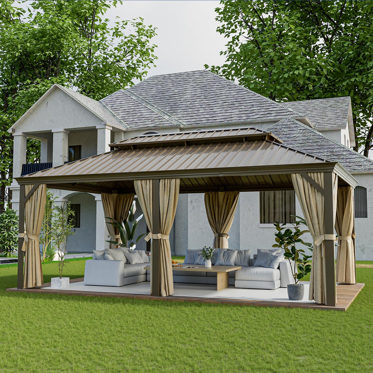 Breezestival 12FT×20FT Hardtop Gazebo, Galvanized Steel Double Roof Outdoor Gazebo with with a Mosquito Net and Privacy Sidewalls, All-Weather Breezestival