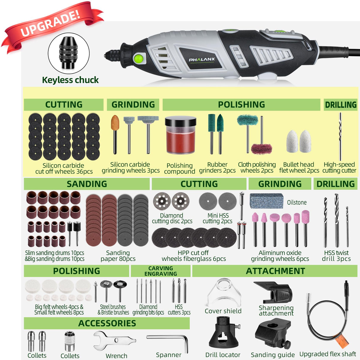 PHALANX 180W Rotary Tool Kit, 1.5-Amp 6 Variable Speed with Flex Shaft, 8000-35000RPM Rotary Multi-Tool& 213pcs Accessories Kit, Power Multiuse Set PHALANX
