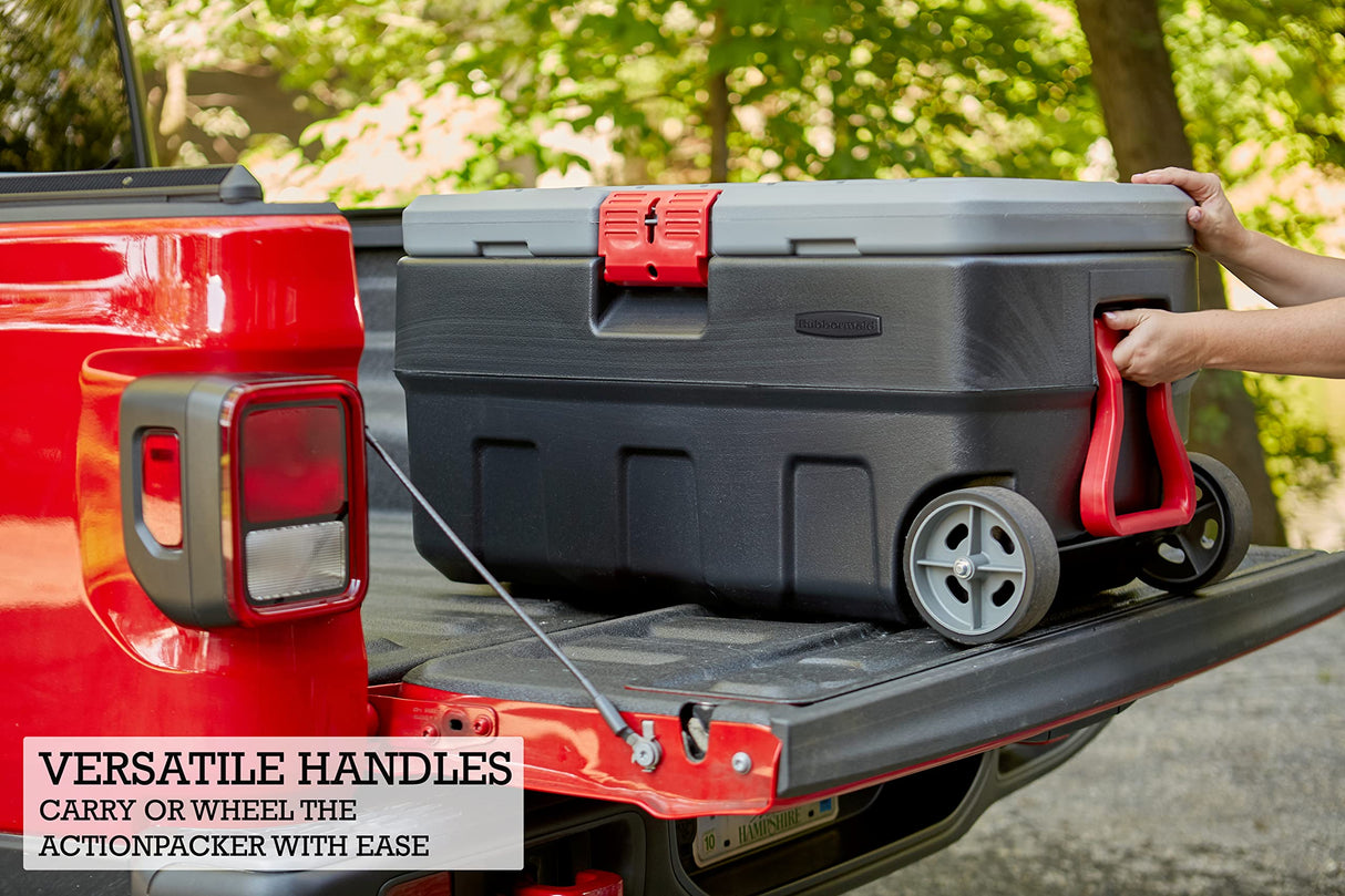 Rubbermaid ActionPacker 35 Gal Wheeled Lockable Storage Bin with Lid, Heavy-Duty Water Repellent Industrial Container with Built-In Durable Wheels, Rubbermaid