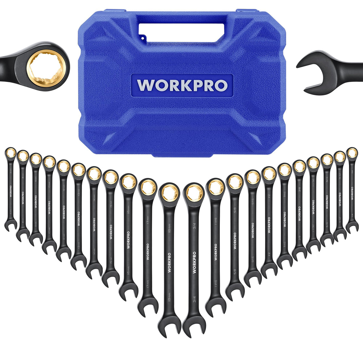 WORKPRO 22-Piece Ratcheting Wrench Set, Anti-slip Teeth, Ratchet Combination Wrench Sets with Organizer Box, Metric 6-18mm & SAE 1/4-3/4", Black WORKPRO