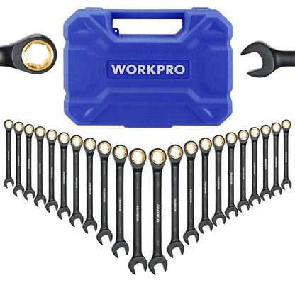 WORKPRO 22-Piece Ratcheting Wrench Set, Anti-slip Teeth, Ratchet Combination Wrench Sets with Organizer Box, Metric 6-18mm & SAE 1/4-3/4", Black