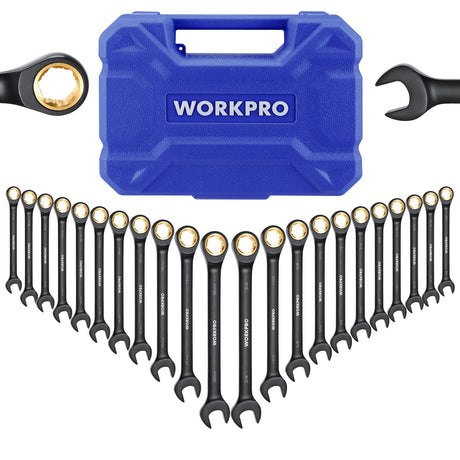 WORKPRO 22-Piece Ratcheting Wrench Set, Anti-slip Teeth, Ratchet Combination Wrench Sets with Organizer Box, Metric 6-18mm & SAE 1/4-3/4", Black WORKPRO